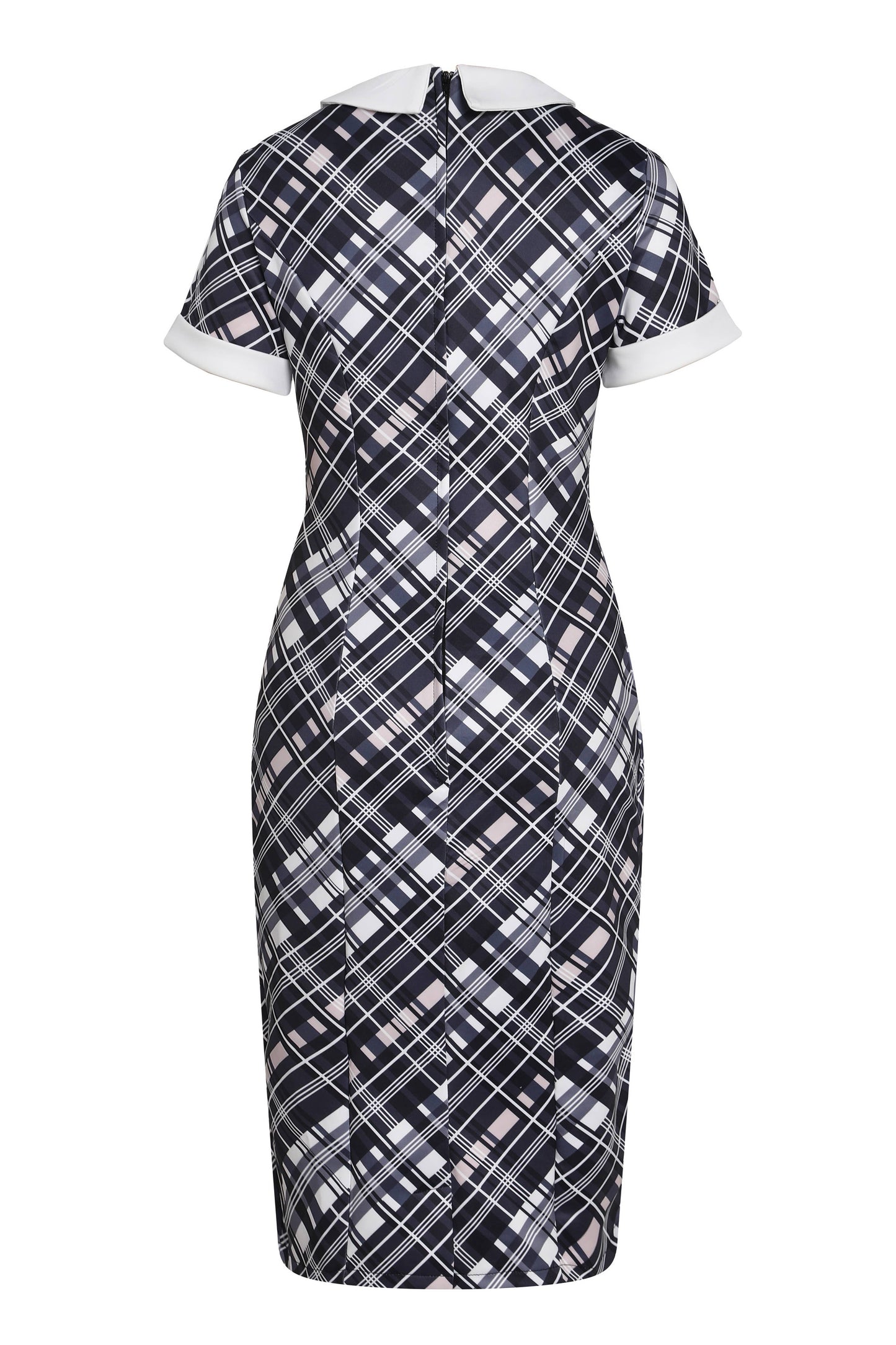 Toni Fitted Collared Vintage Dress in Black & White Tartan