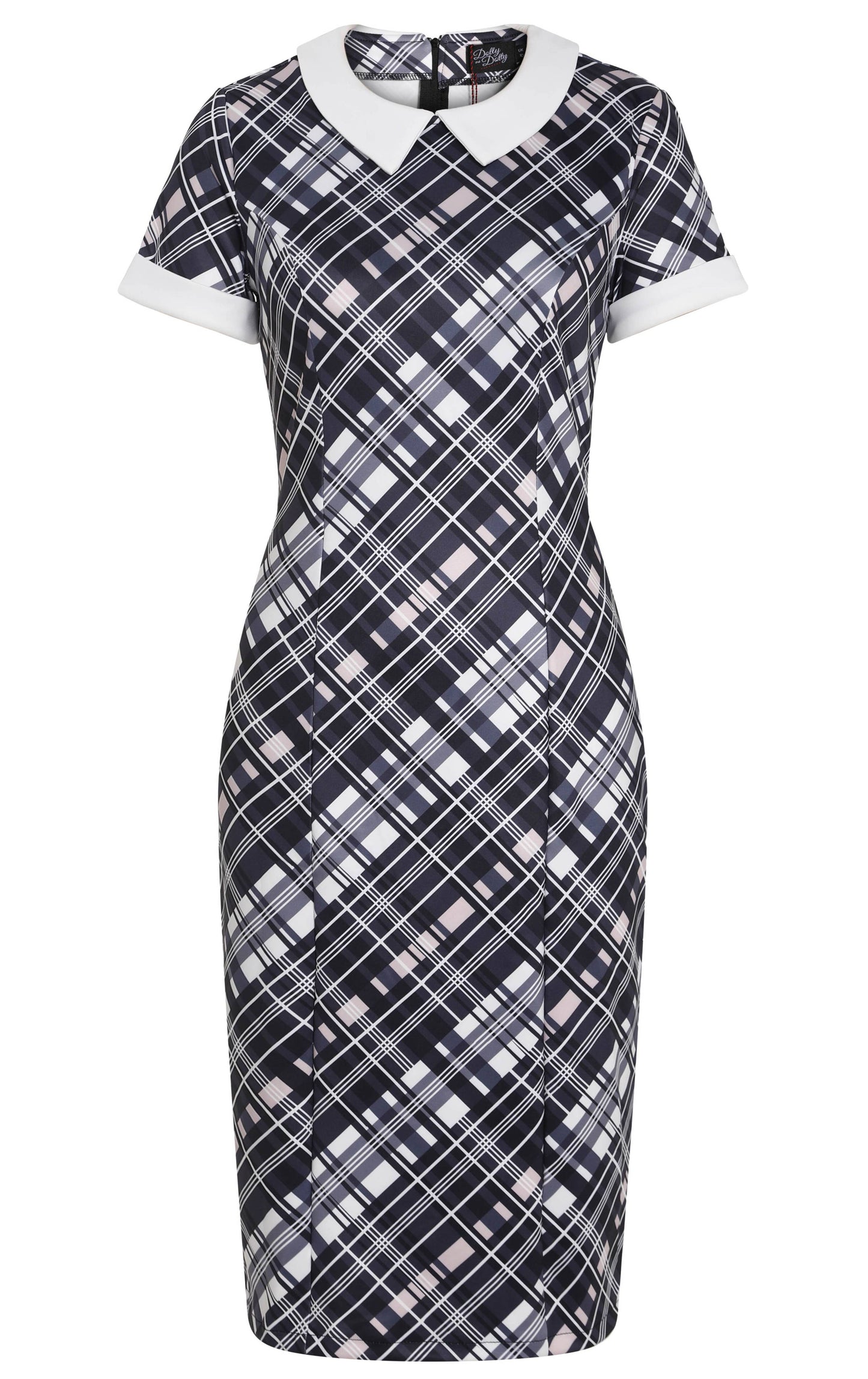 Toni Fitted Collared Vintage Dress in Black & White Tartan