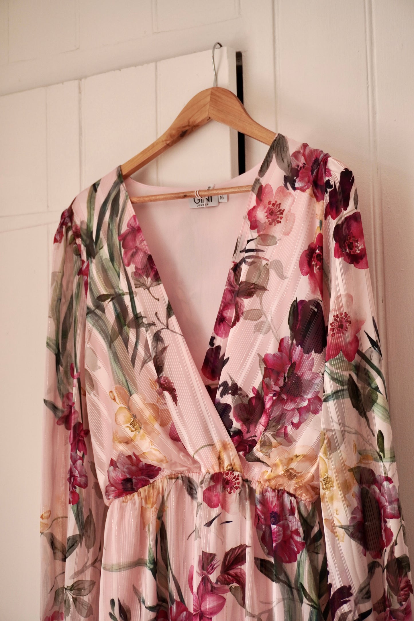 Gini London Pink Floral Print Sparkle Chiffon Wrap Midi Dress