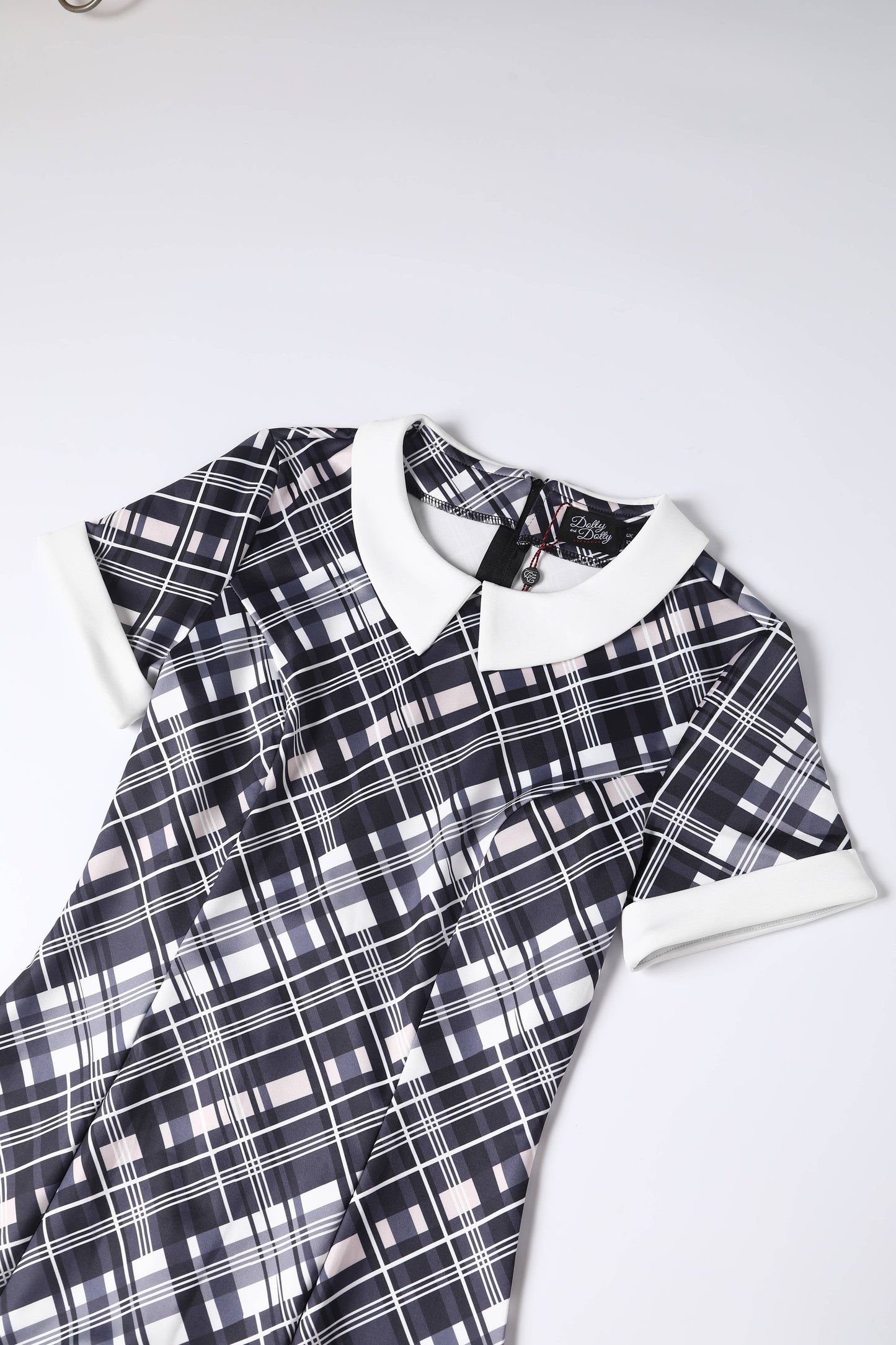 Toni Fitted Collared Vintage Dress in Black & White Tartan