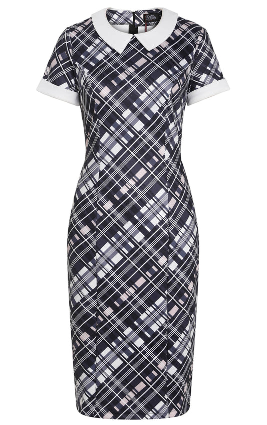 Toni Fitted Collared Vintage Dress in Black & White Tartan