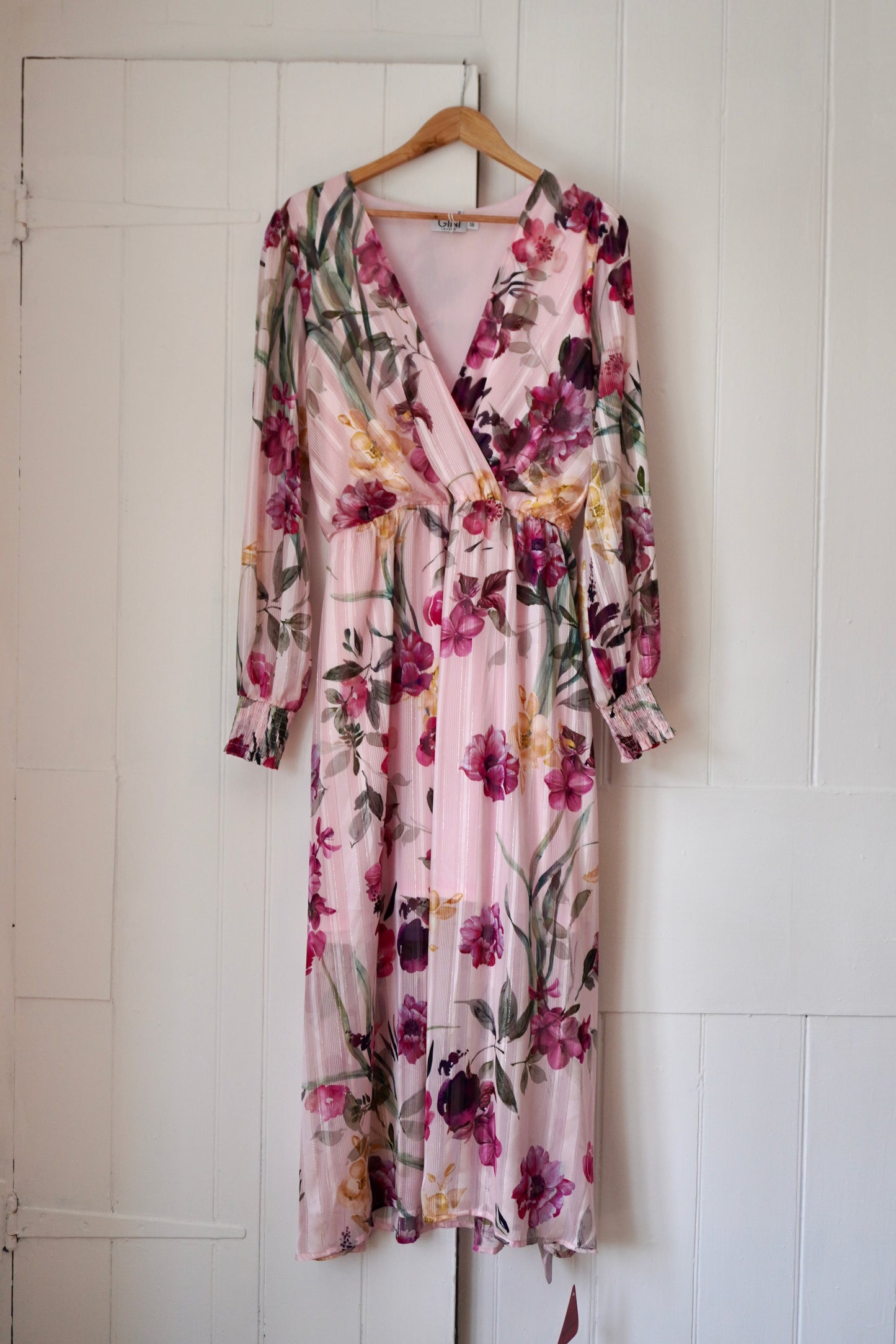 Gini London Pink Floral Print Sparkle Chiffon Wrap Midi Dress