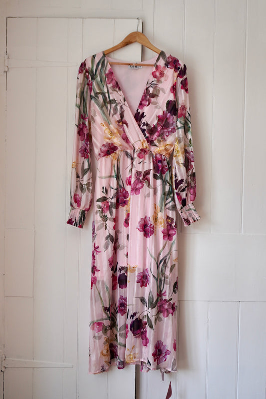 Gini London Pink Floral Print Sparkle Chiffon Wrap Midi Dress
