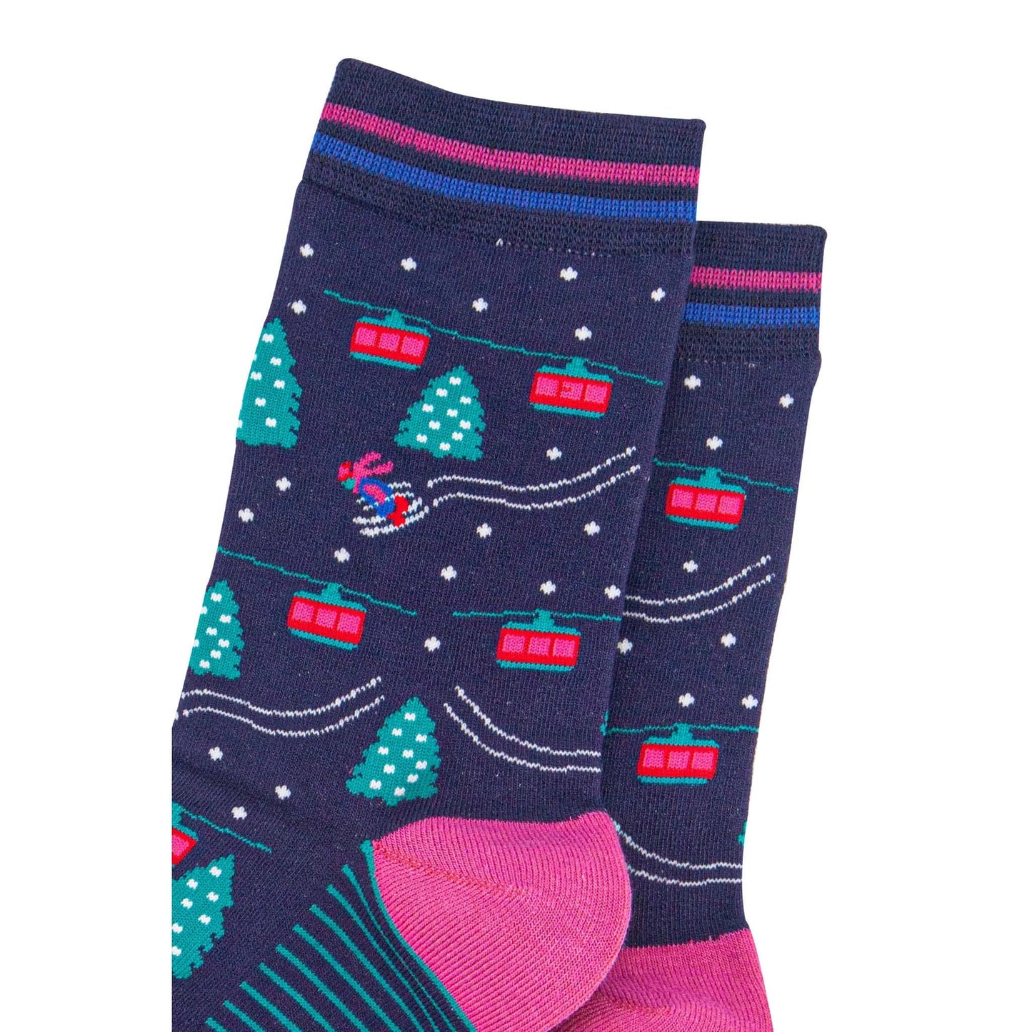 Women's Bamboo Socks - Navy Blue/Green, Cable Cars and Trees