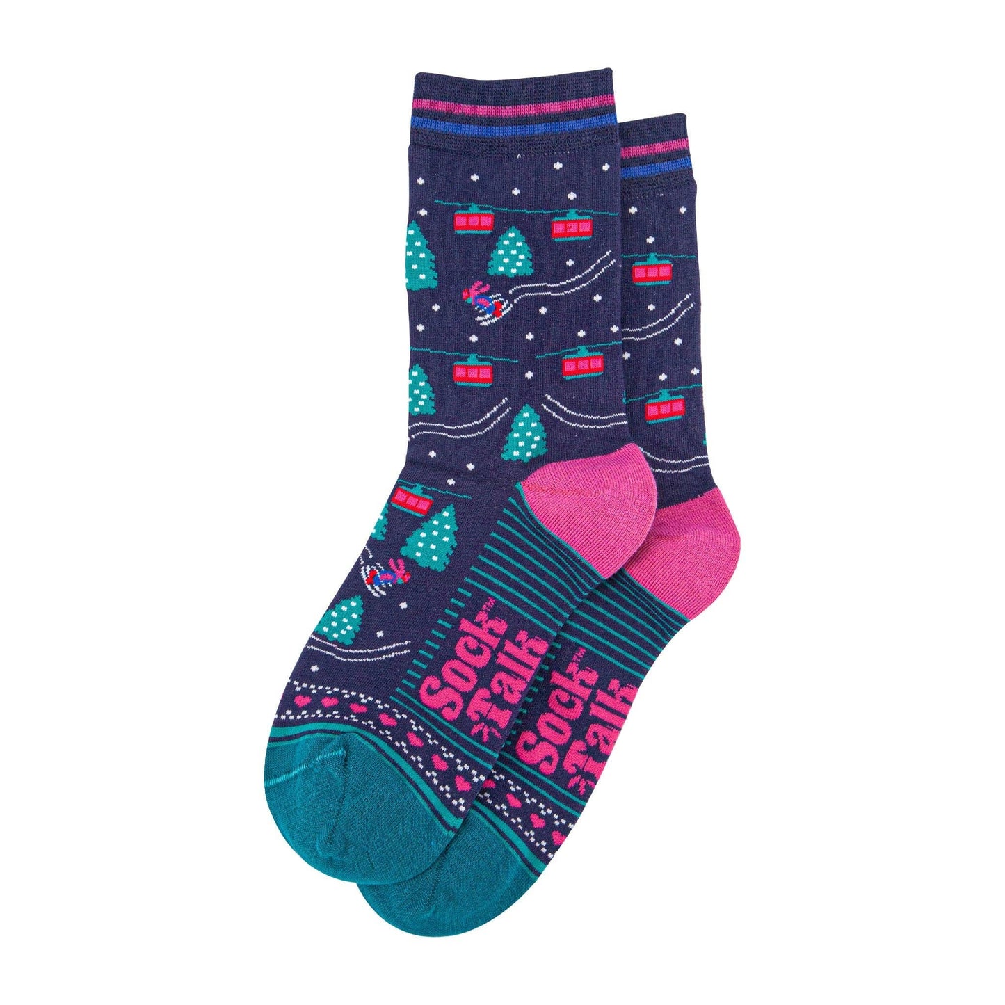 Women's Bamboo Socks - Navy Blue/Green, Cable Cars and Trees