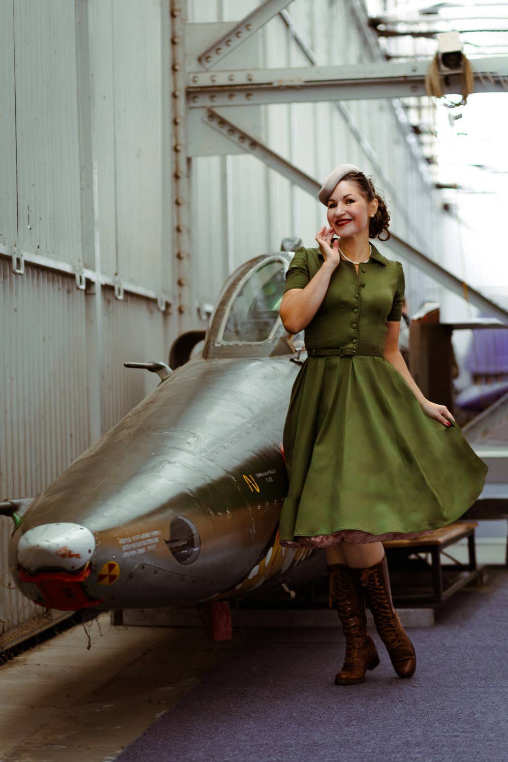 Penelope Army Green Rockabilly Plain Shirt Dress