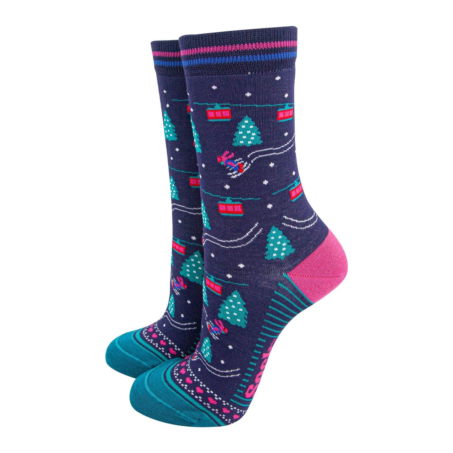 Women's Bamboo Socks - Navy Blue/Green, Cable Cars and Trees