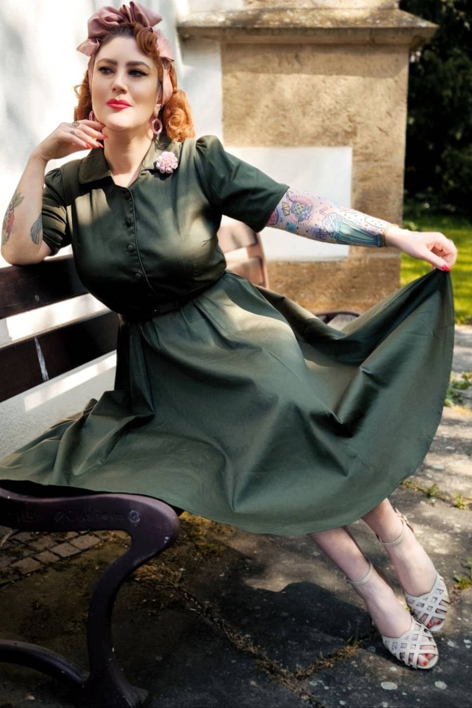 Penelope Army Green Rockabilly Plain Shirt Dress