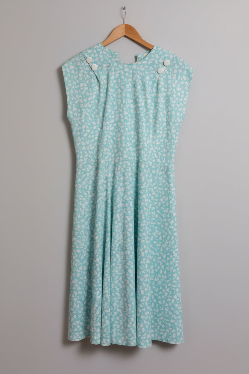 Light blue dress with white floral pattern on a wooden hanger against a white paneled wall.